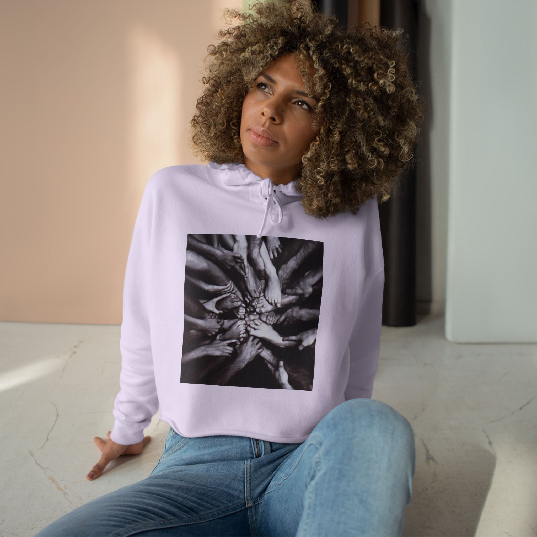Cropped Hoodie — Monochrome Hands Circle Graphic