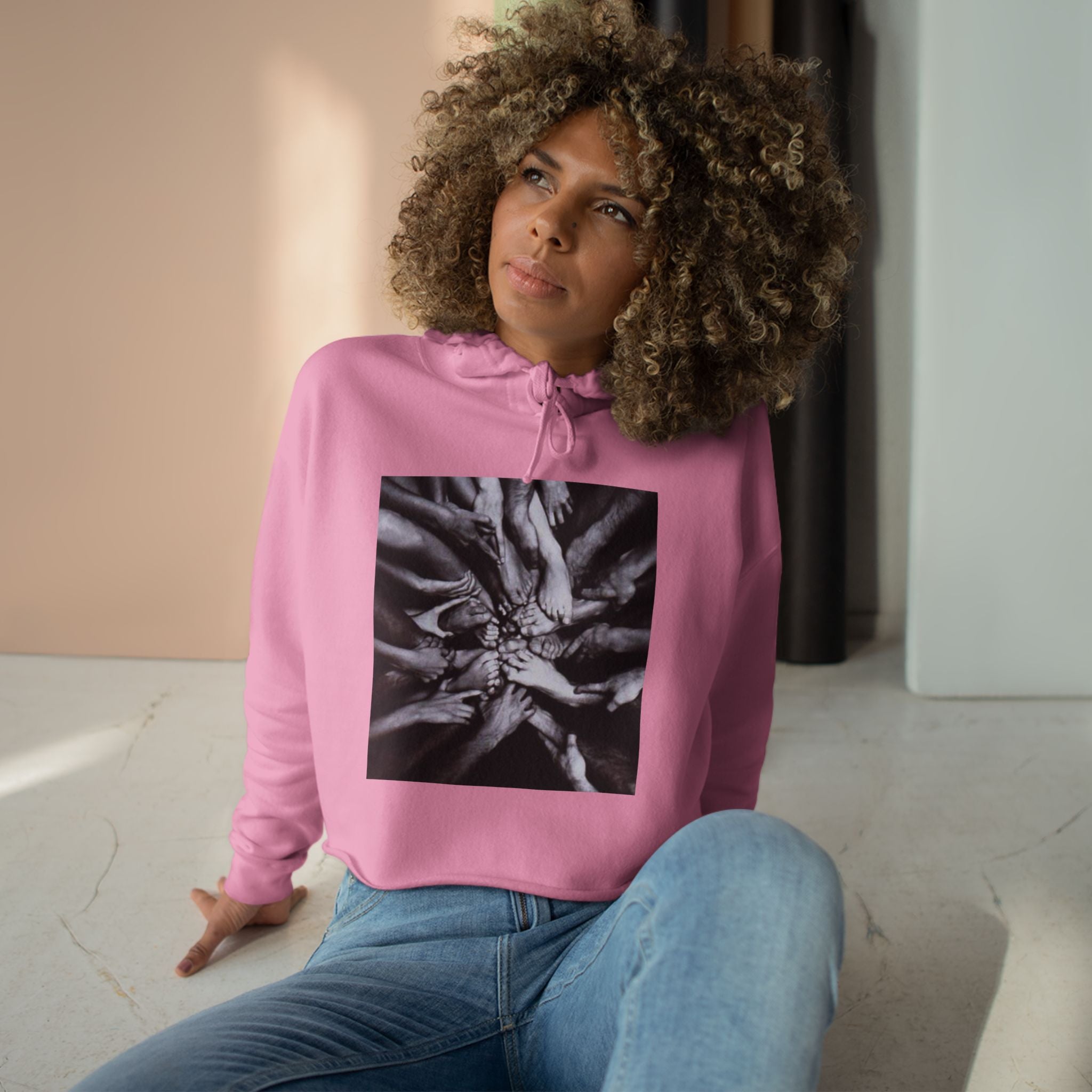 Cropped Hoodie — Monochrome Hands Circle Graphic