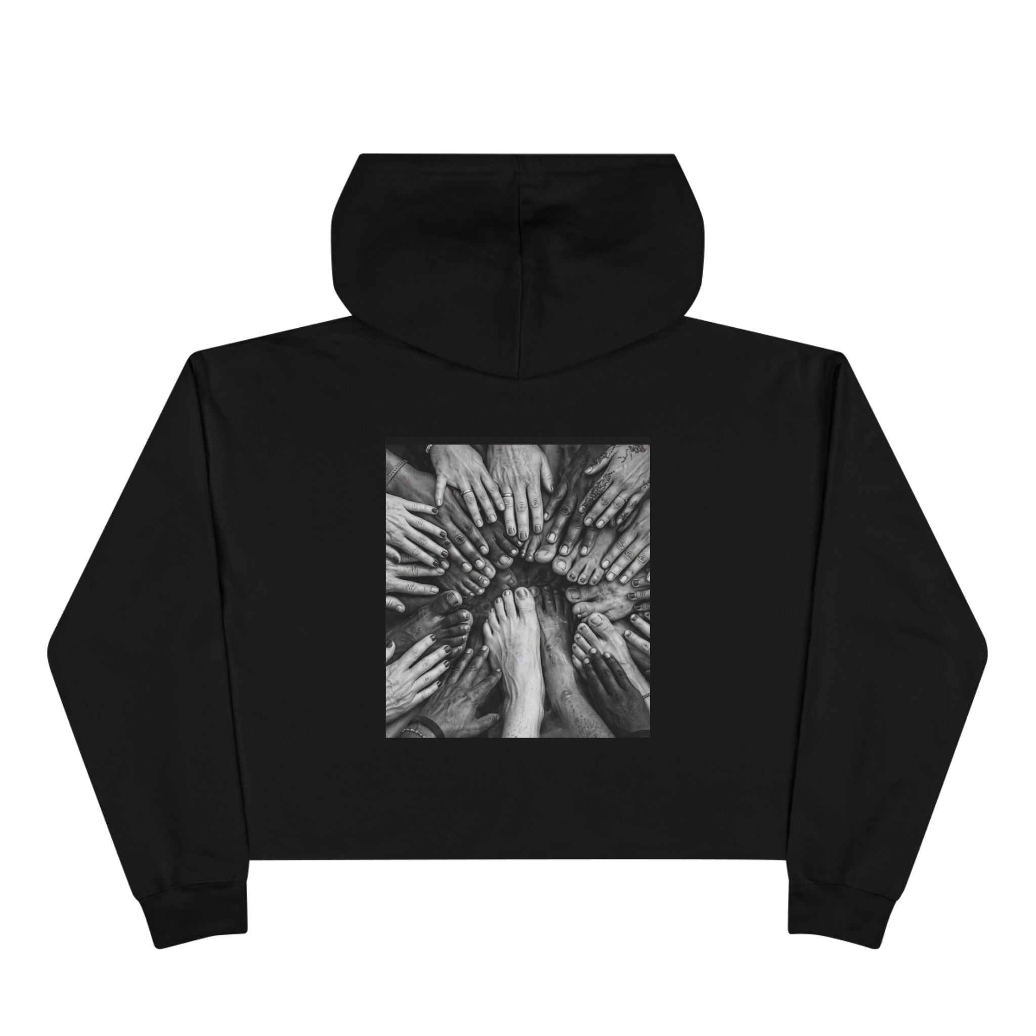 Cropped Hoodie — Monochrome Hands Circle Graphic