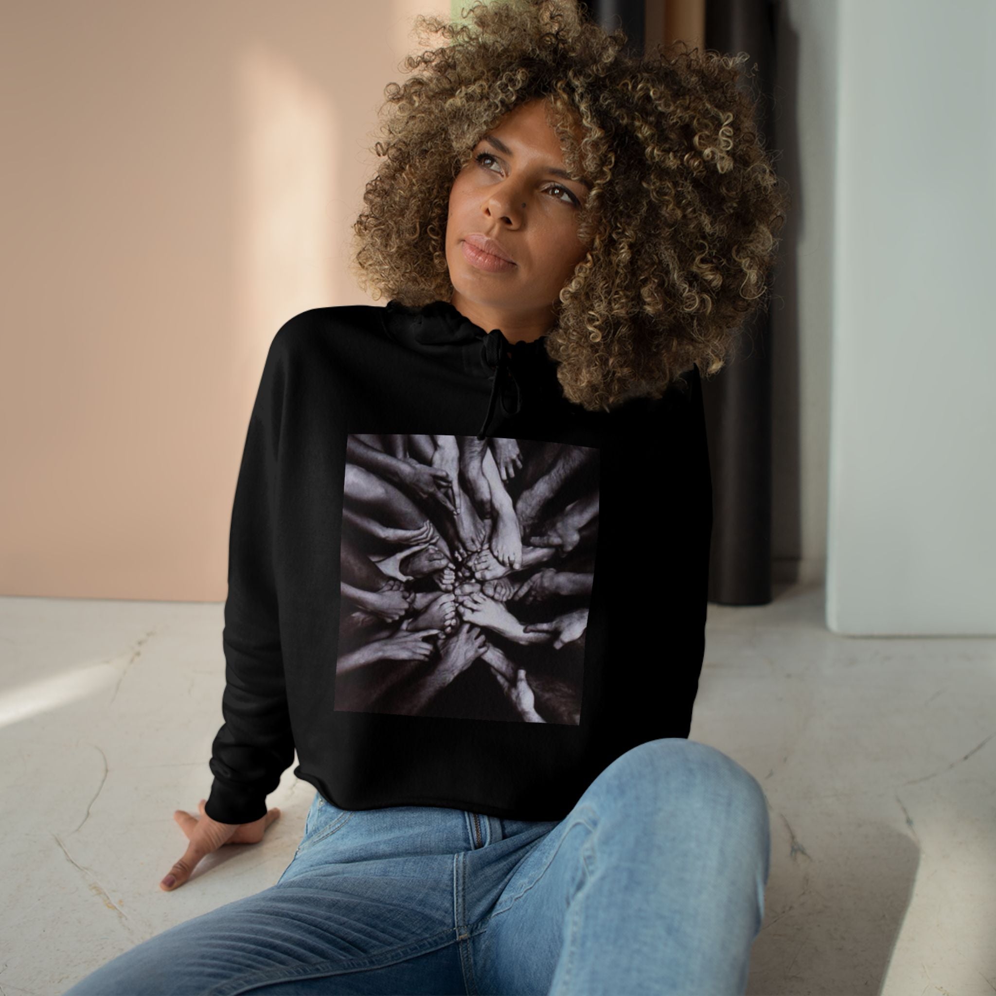 Cropped Hoodie — Monochrome Hands Circle Graphic