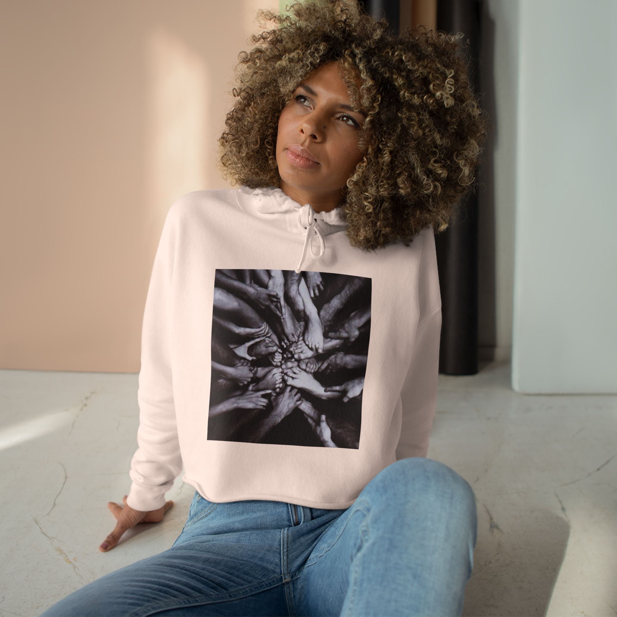 Cropped Hoodie — Monochrome Hands Circle Graphic