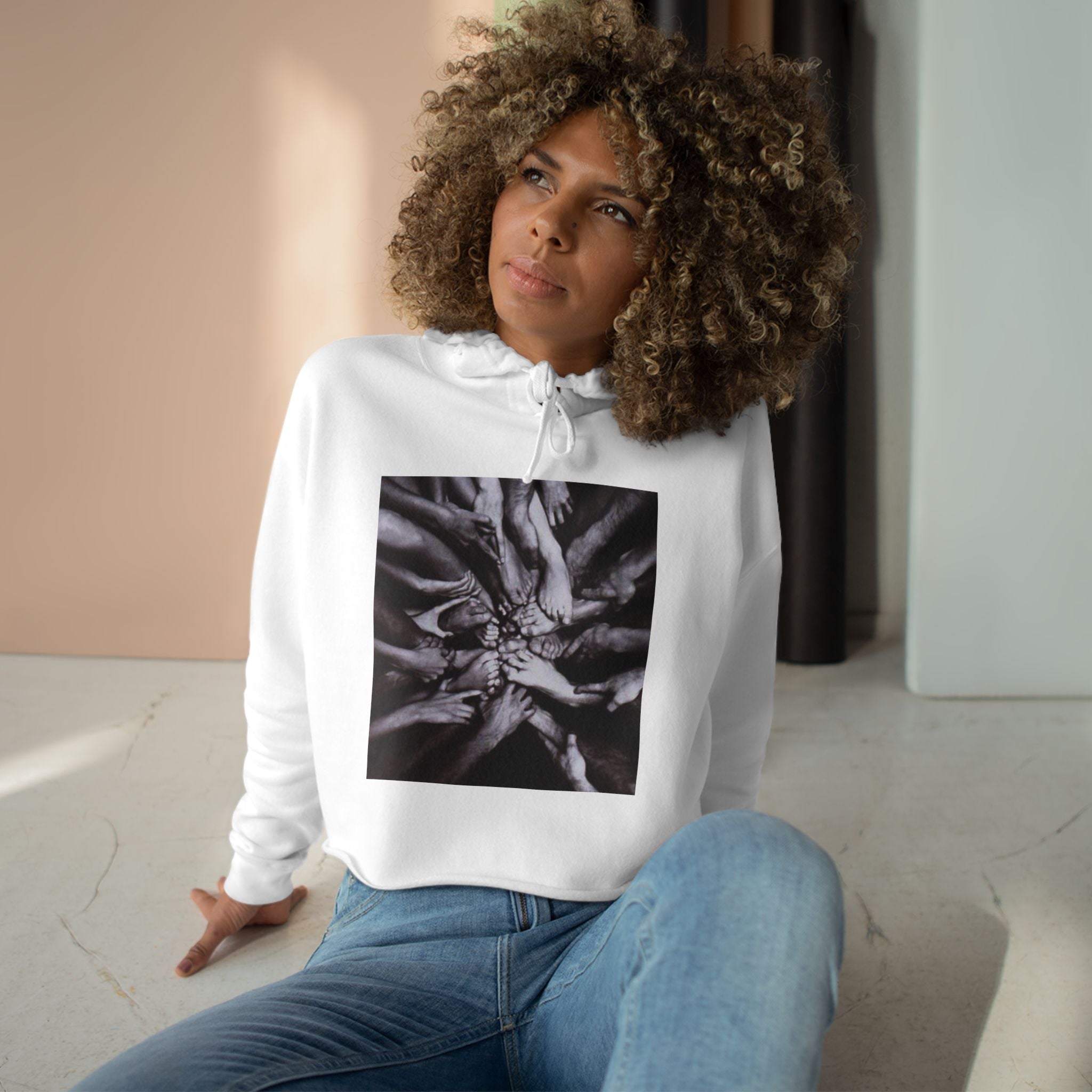 Cropped Hoodie — Monochrome Hands Circle Graphic