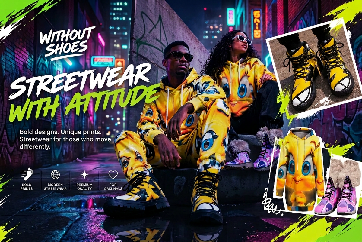 A promotional streetwear graphic showing two models sitting on concrete steps wearing matching bright yellow cartoon-print hoodies and high-top sneakers. The scene includes inset close-ups of the shoes and a large text overlay reading 'WITHOUT SHOES STREETWEAR WITH ATTITUDE' plus marketing copy and feature icons.